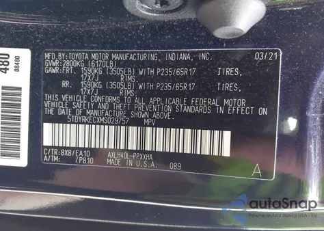 2021 Toyota Sienna Xle z USA, uszkodzony, nr VIN 5TDYRKECXMS029757